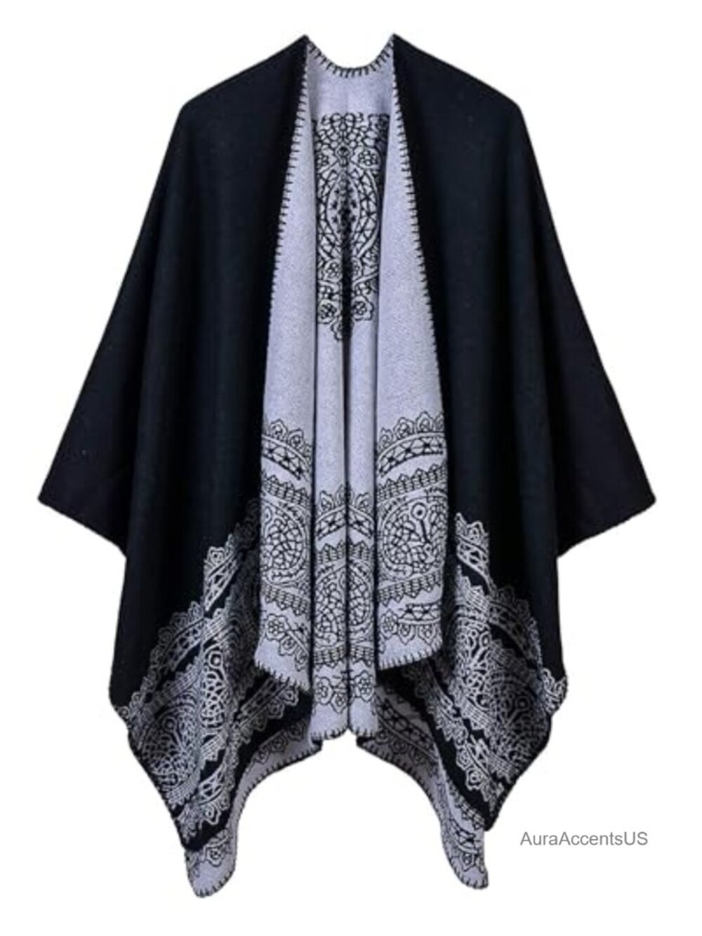 Womens Poncho Shawl Wrap Open Front Cape Soft Acrylic Wool Reversible